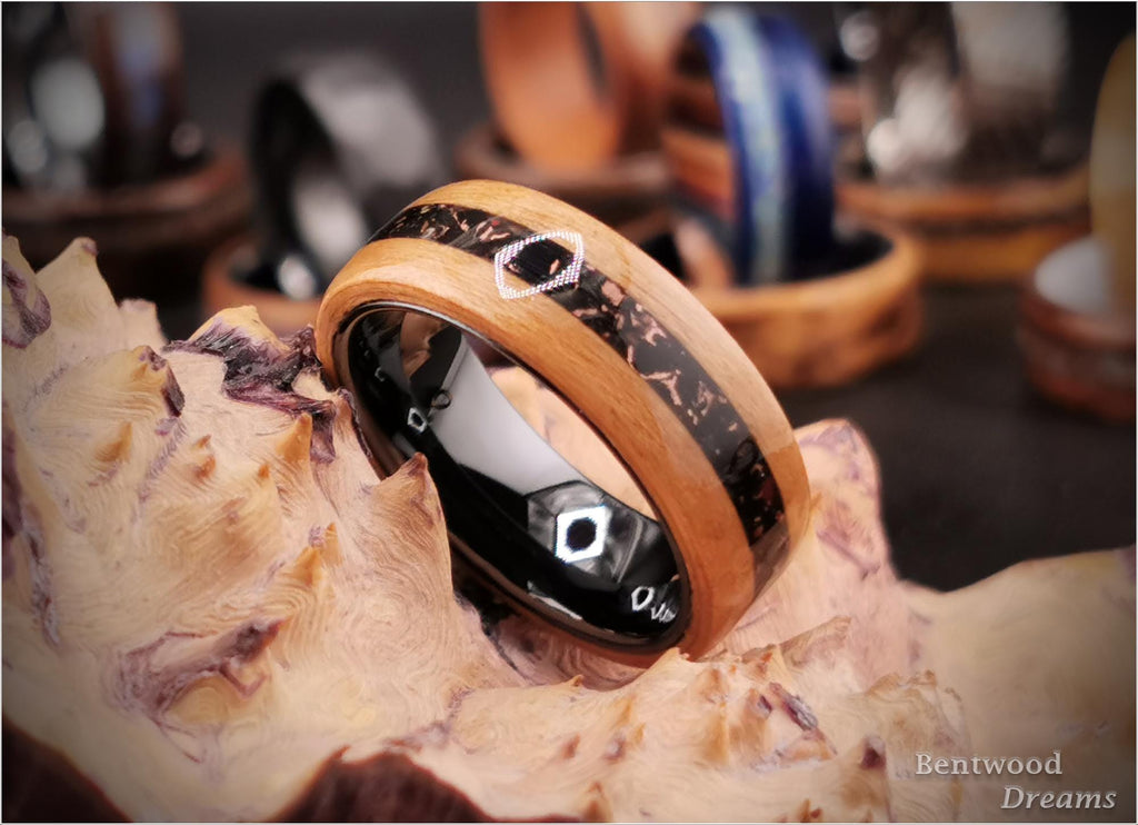 Wild Cherry Bentwood Ring: Black Ceramic Core, Copper Tru-Stone Inlay