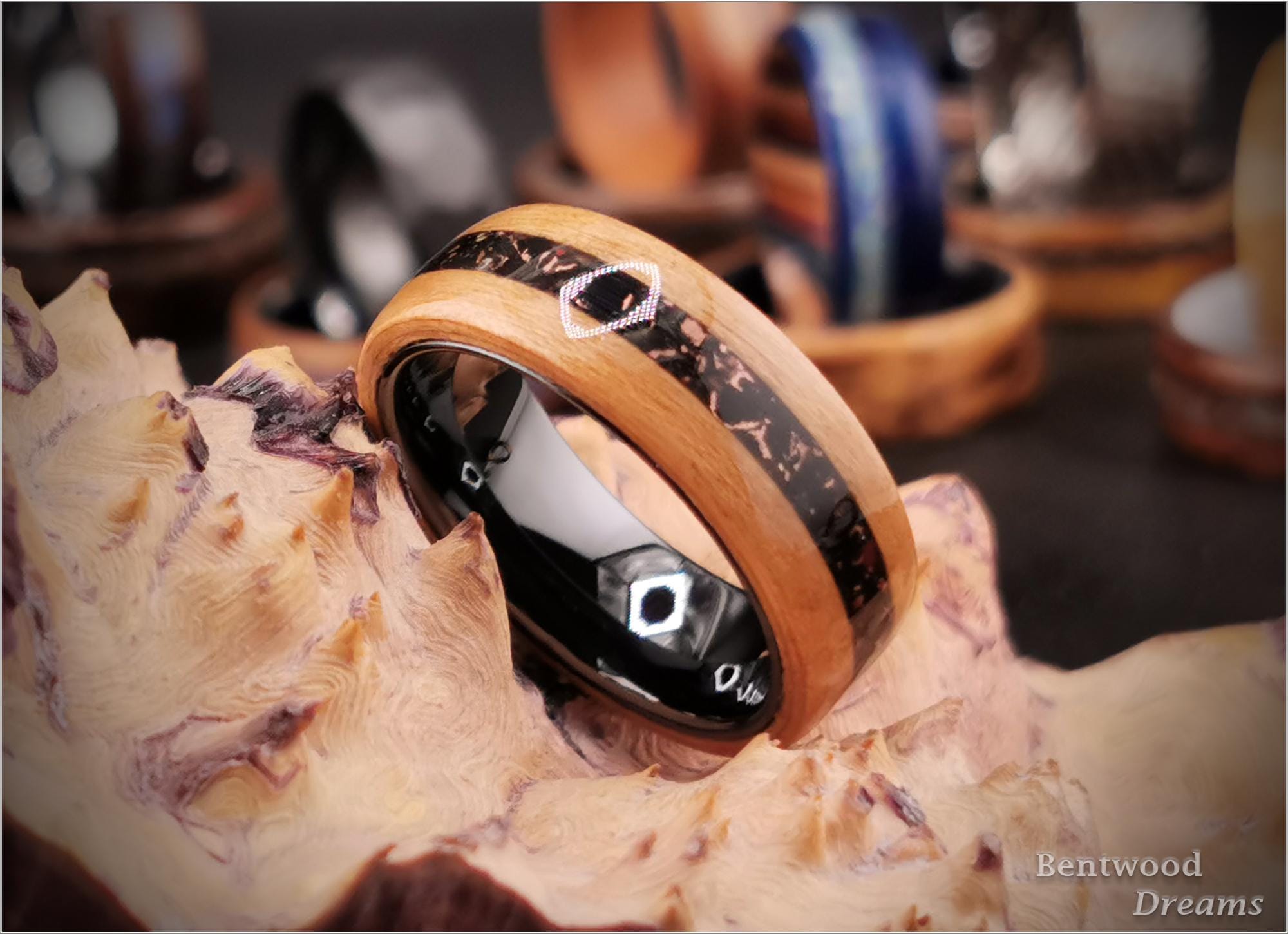 Wild Cherry Bentwood Ring: Black Ceramic Core, Copper Tru-Stone Inlay