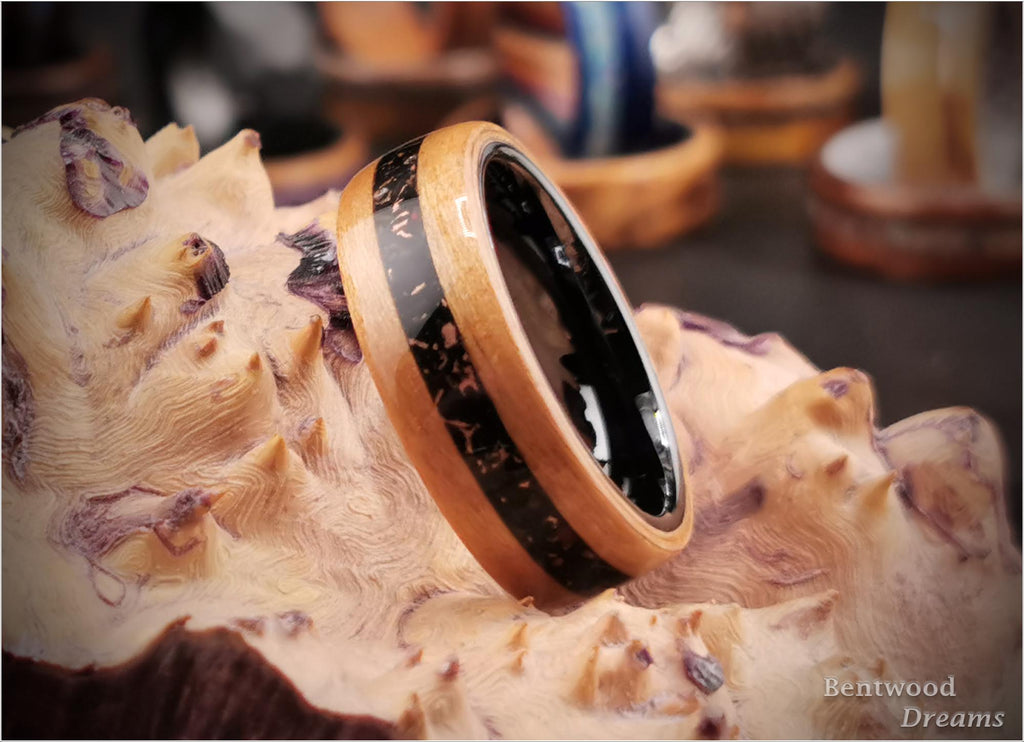Wild Cherry Bentwood Ring: Black Ceramic Core, Copper Tru-Stone Inlay