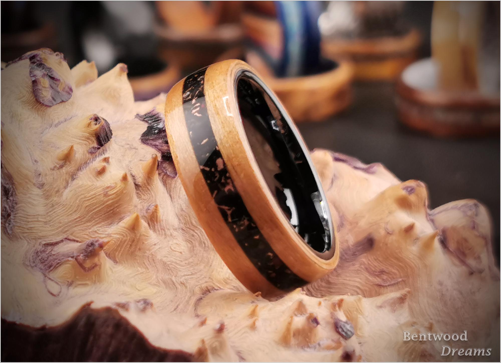 Wild Cherry Bentwood Ring: Black Ceramic Core, Copper Tru-Stone Inlay