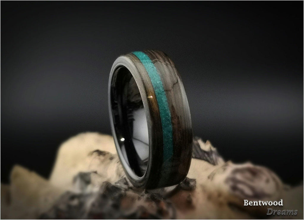 Bentwood Ring: Ancient Bog Oak, offset inlaid Dark Chrysocolla, Polished Black Ceramic core