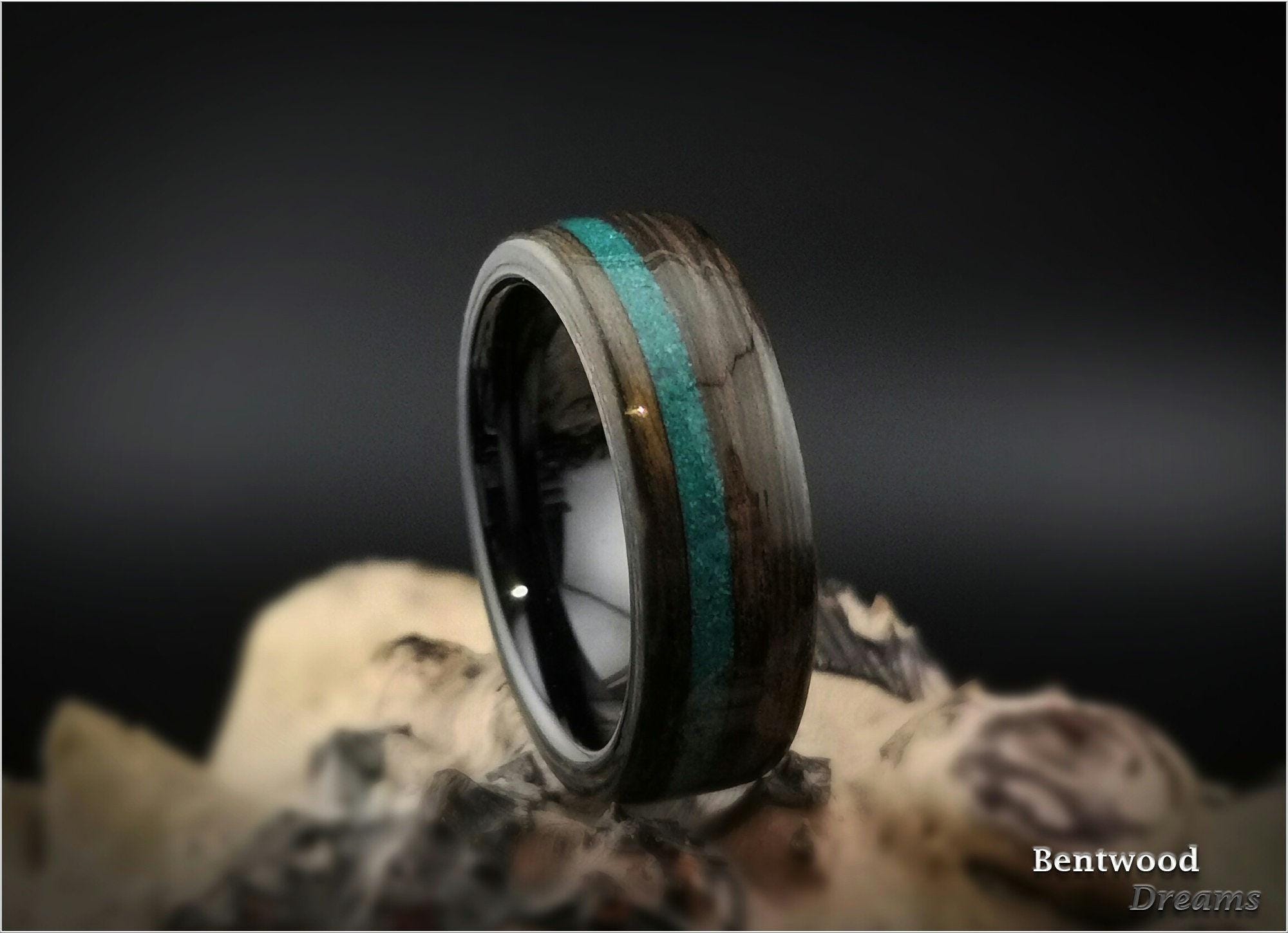 Bentwood Ring: Ancient Bog Oak, offset inlaid Dark Chrysocolla, Polished Black Ceramic core