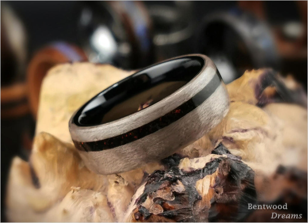 Bentwood Ring: Harewood, offset inlaid Lab Cultured Opal, Black Ceramic core, wood ring