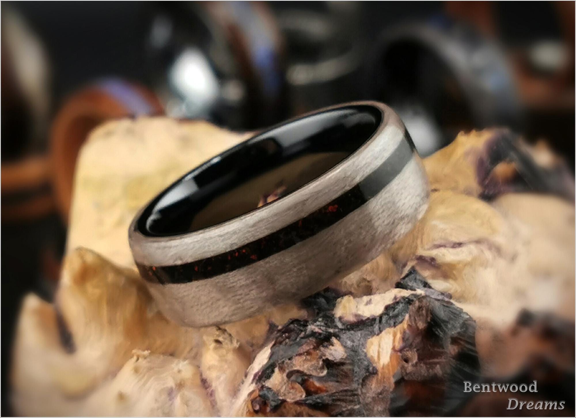 Bentwood Ring: Harewood, offset inlaid Lab Cultured Opal, Black Ceramic core, wood ring