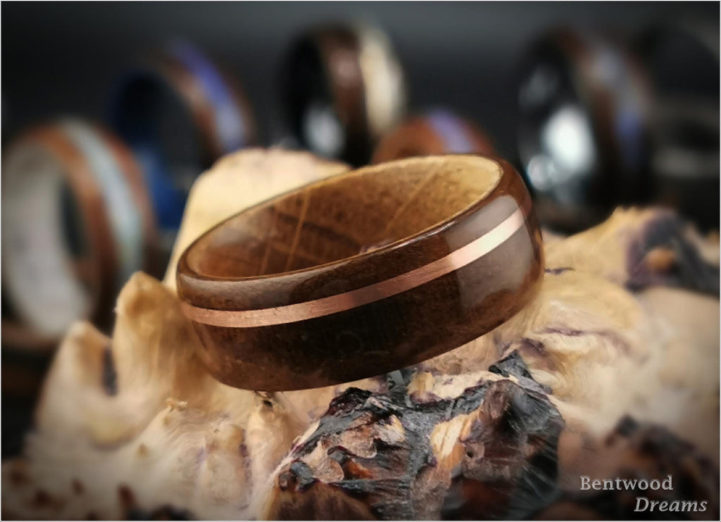 Bentwood Ring: Mottled Kosipo, offset inlaid Copper, Whisky Barrel Oak core, wood ring