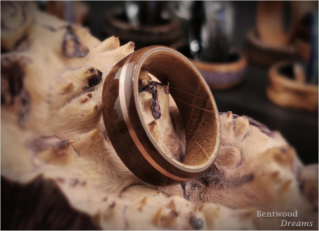Bentwood Ring: Mottled Kosipo, offset inlaid Copper, Whisky Barrel Oak core, wood ring