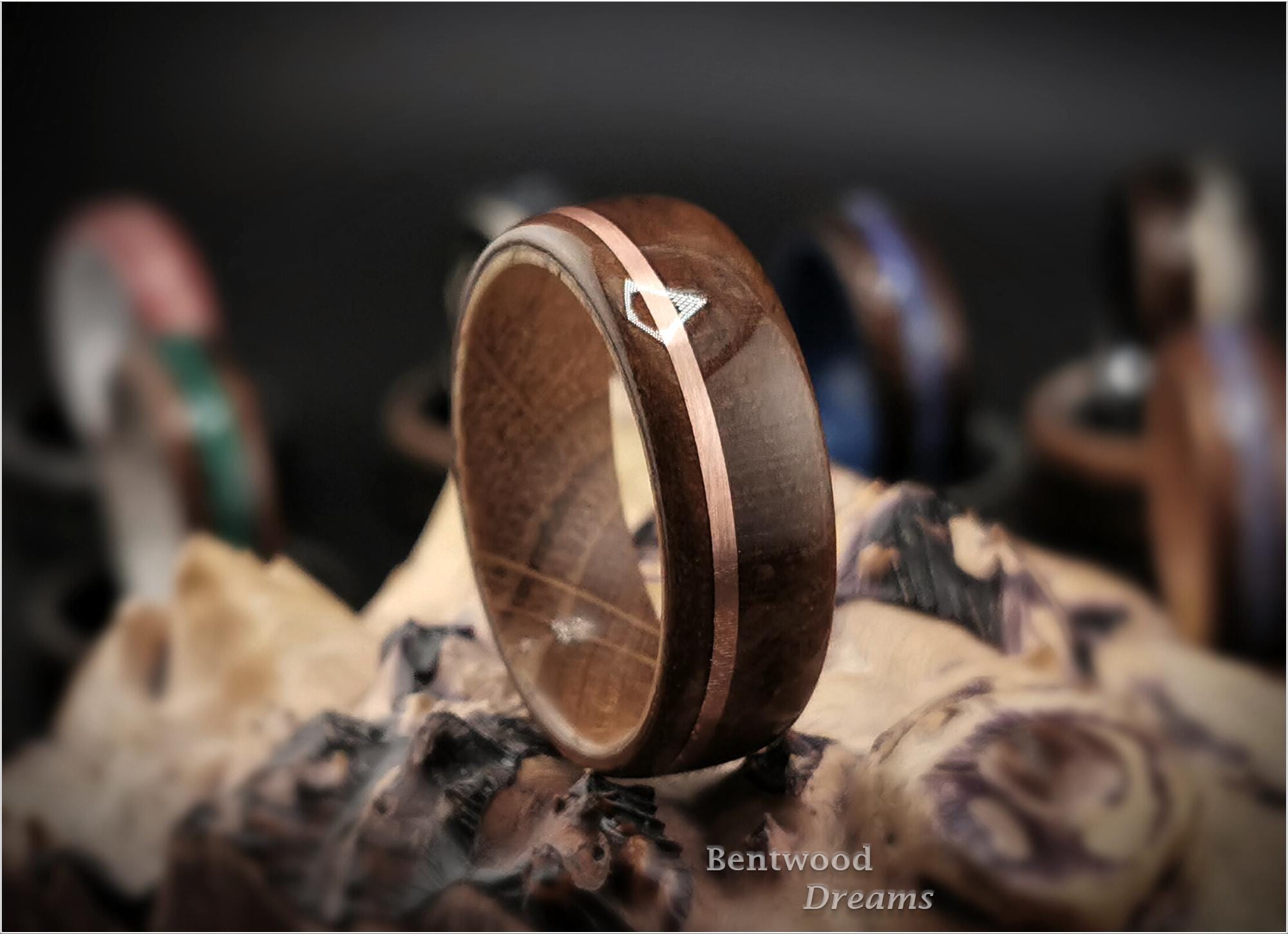 Bentwood Ring: Mottled Kosipo, offset inlaid Copper, Whisky Barrel Oak core, wood ring