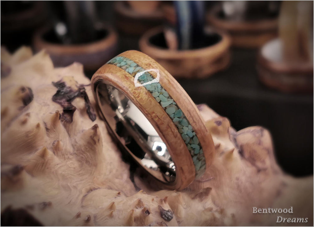 Bentwood Ring: Red Gum, inlaid Green Turquoise, Polished Titanium core, wood ring