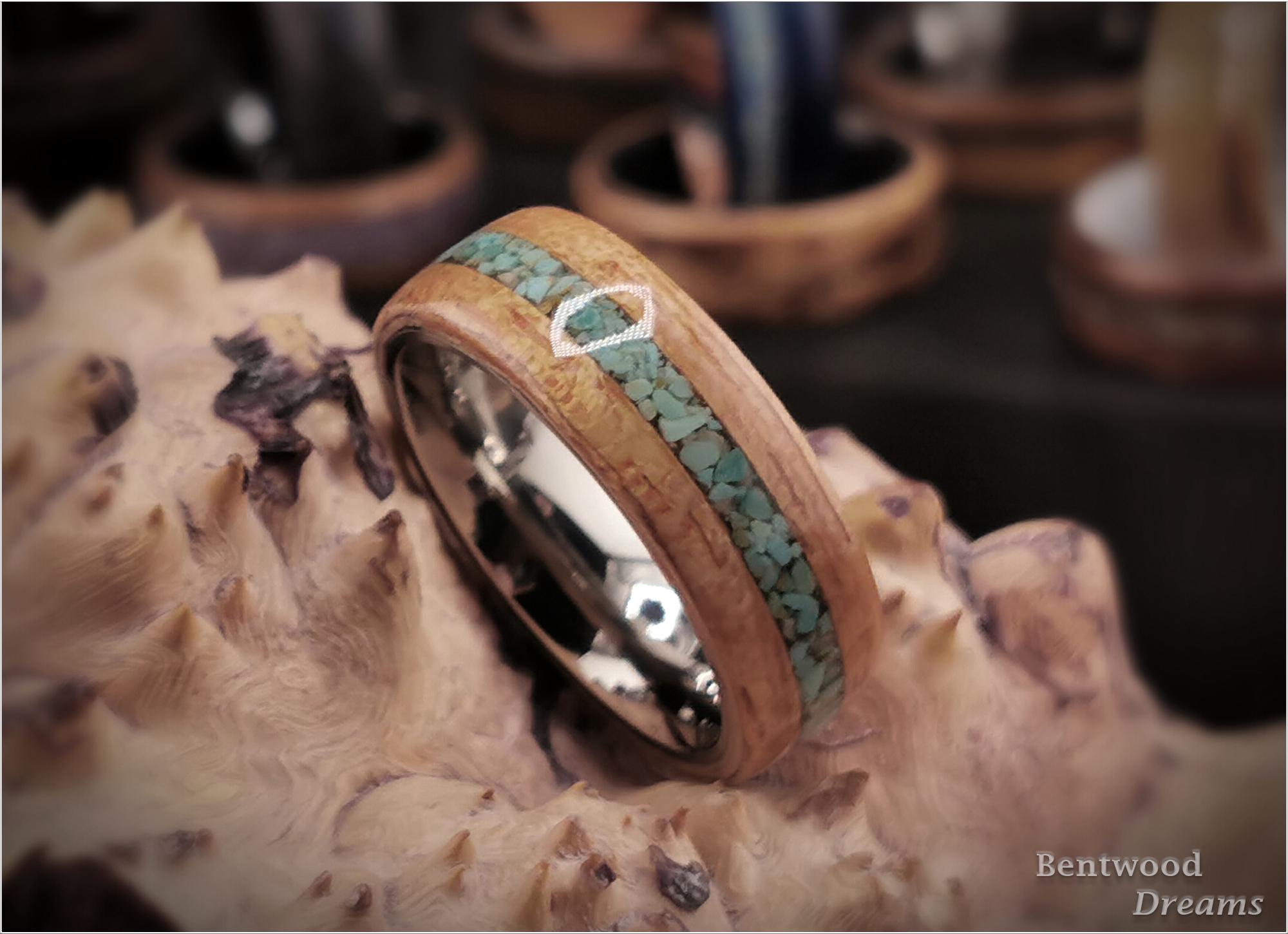 Bentwood Ring: Red Gum, inlaid Green Turquoise, Polished Titanium core, wood ring