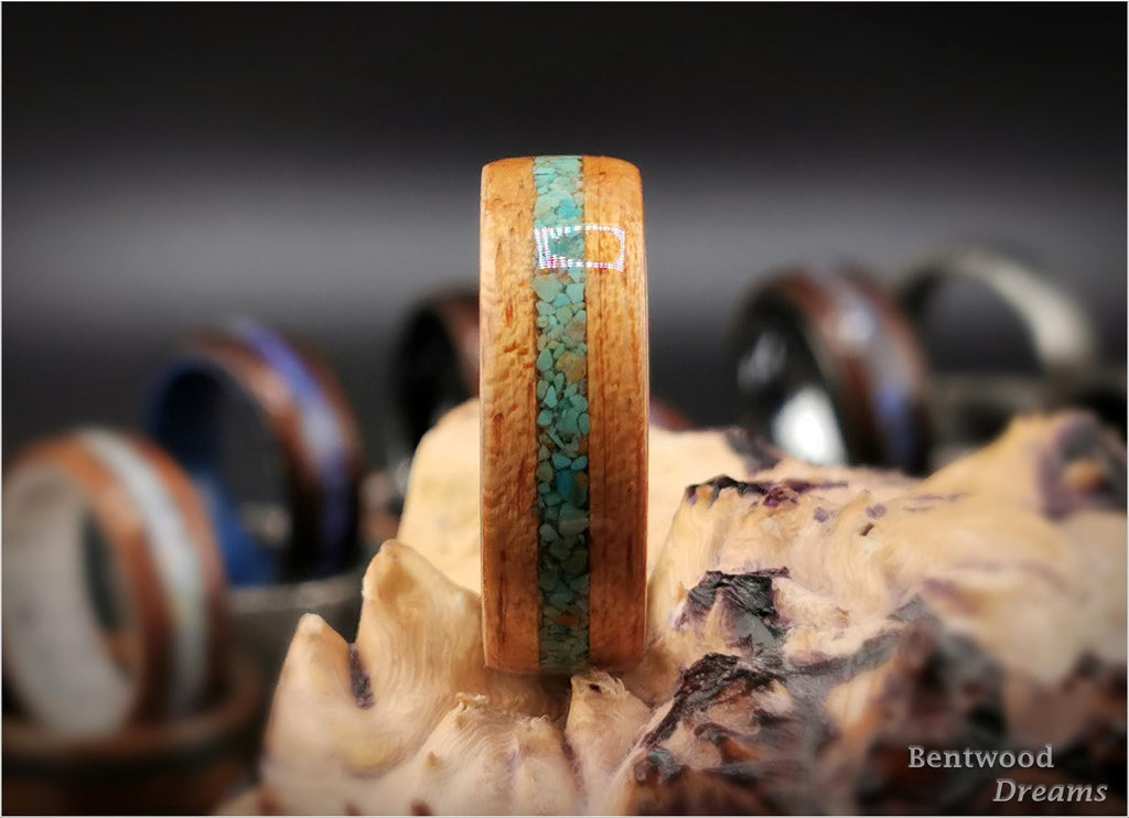Bentwood Ring: Red Gum, inlaid Green Turquoise, Polished Titanium core, wood ring