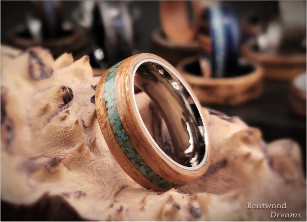 Bentwood Ring: Red Gum, inlaid Green Turquoise, Polished Titanium core, wood ring