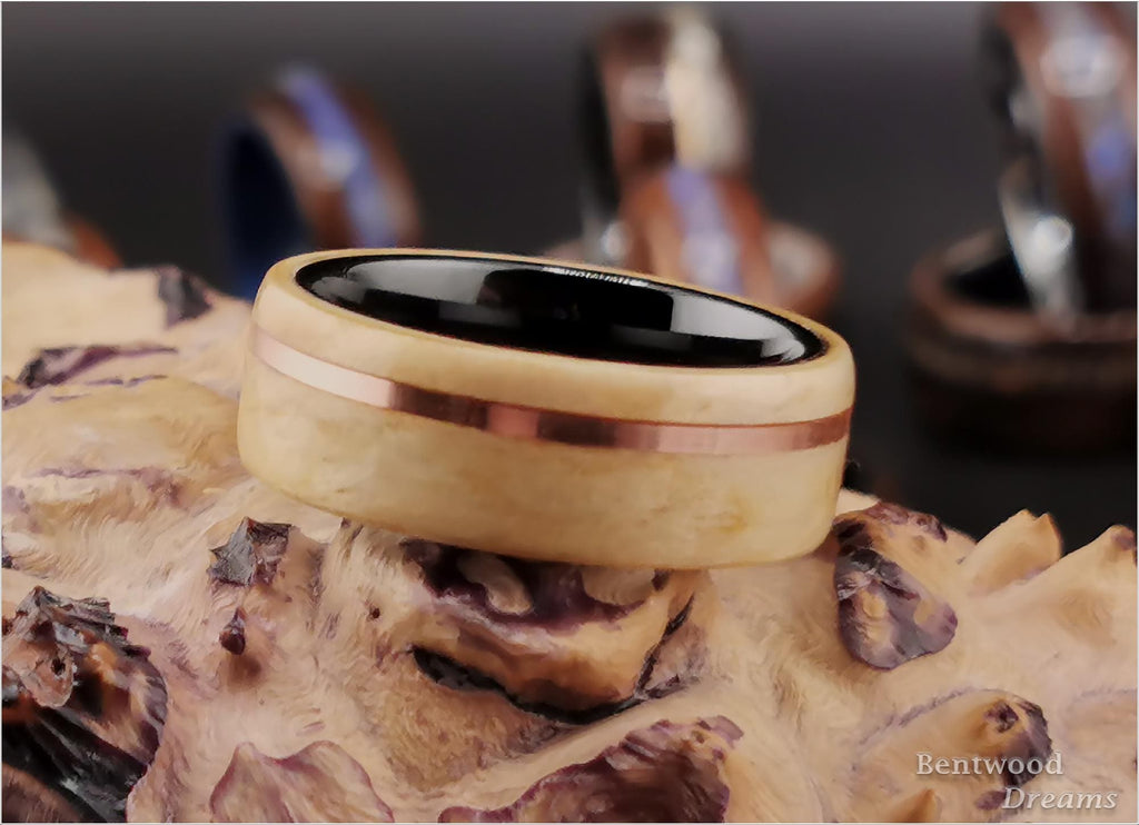 Birdseye Pine Bentwood Ring: Copper Inlay, Black Ceramic Core