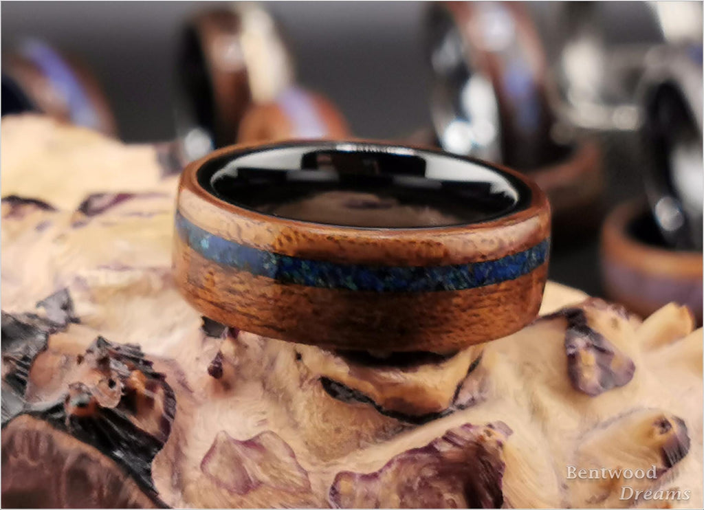 Bentwood Ring: Fumed Sapele, offset inlaid Azurite, Polished Black Ceramic core, wood ring