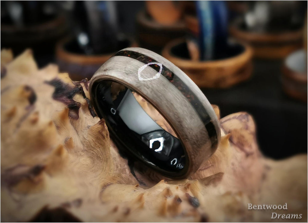 Bentwood Ring: Harewood, offset inlaid Lab Cultured Opal, Black Ceramic core, wood ring