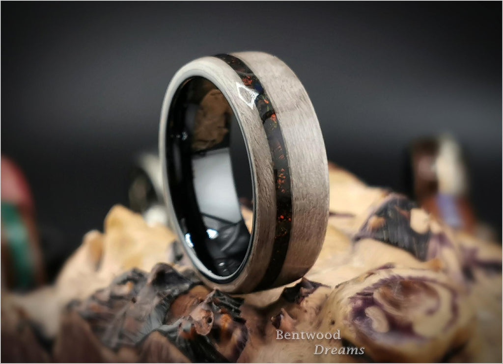 Bentwood Ring: Harewood, offset inlaid Lab Cultured Opal, Black Ceramic core, wood ring