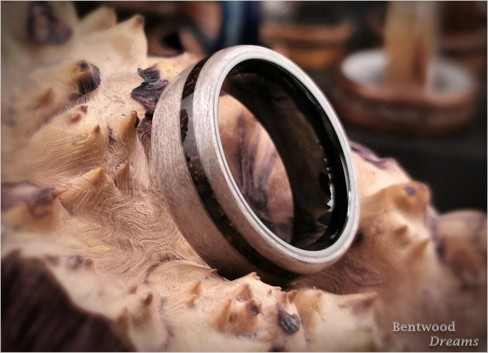 Bentwood Ring: Harewood, offset inlaid Lab Cultured Opal, Black Ceramic core, wood ring