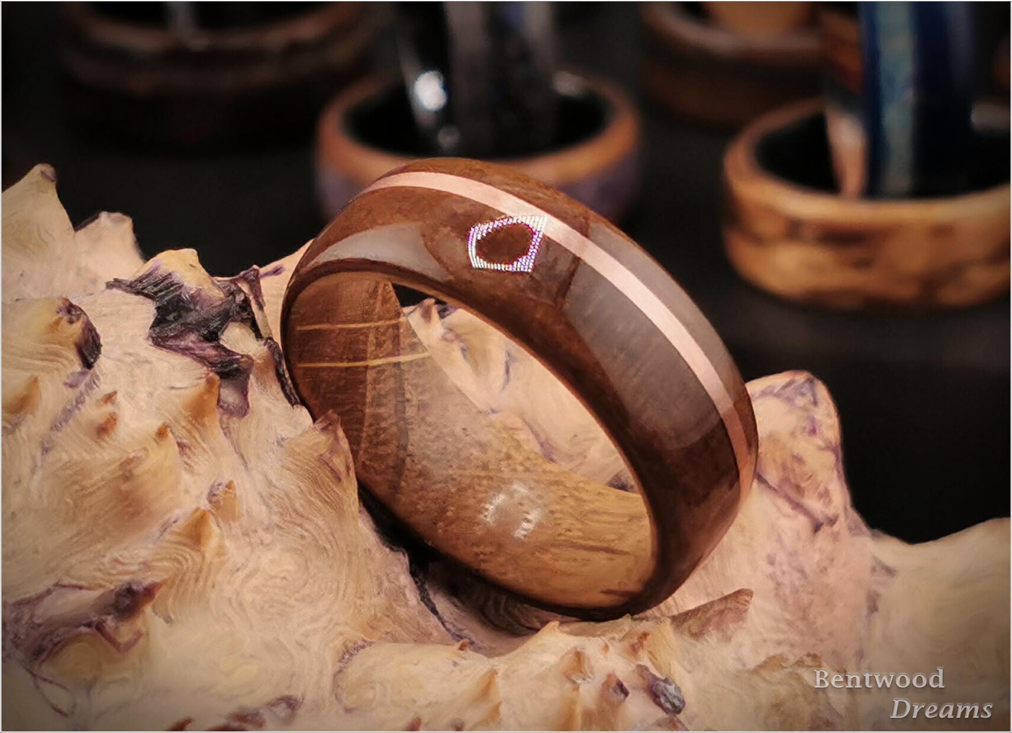 Bentwood Ring: Mottled Kosipo, offset inlaid Copper, Whisky Barrel Oak core, wood ring