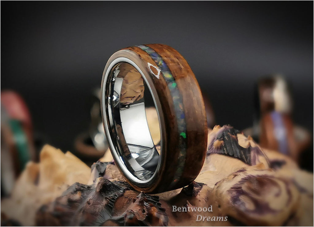 Bentwood Ring: Quartersawn Mozambique, offset inlaid Ethiopian Opal, Tungsten Carbide core, wood ring