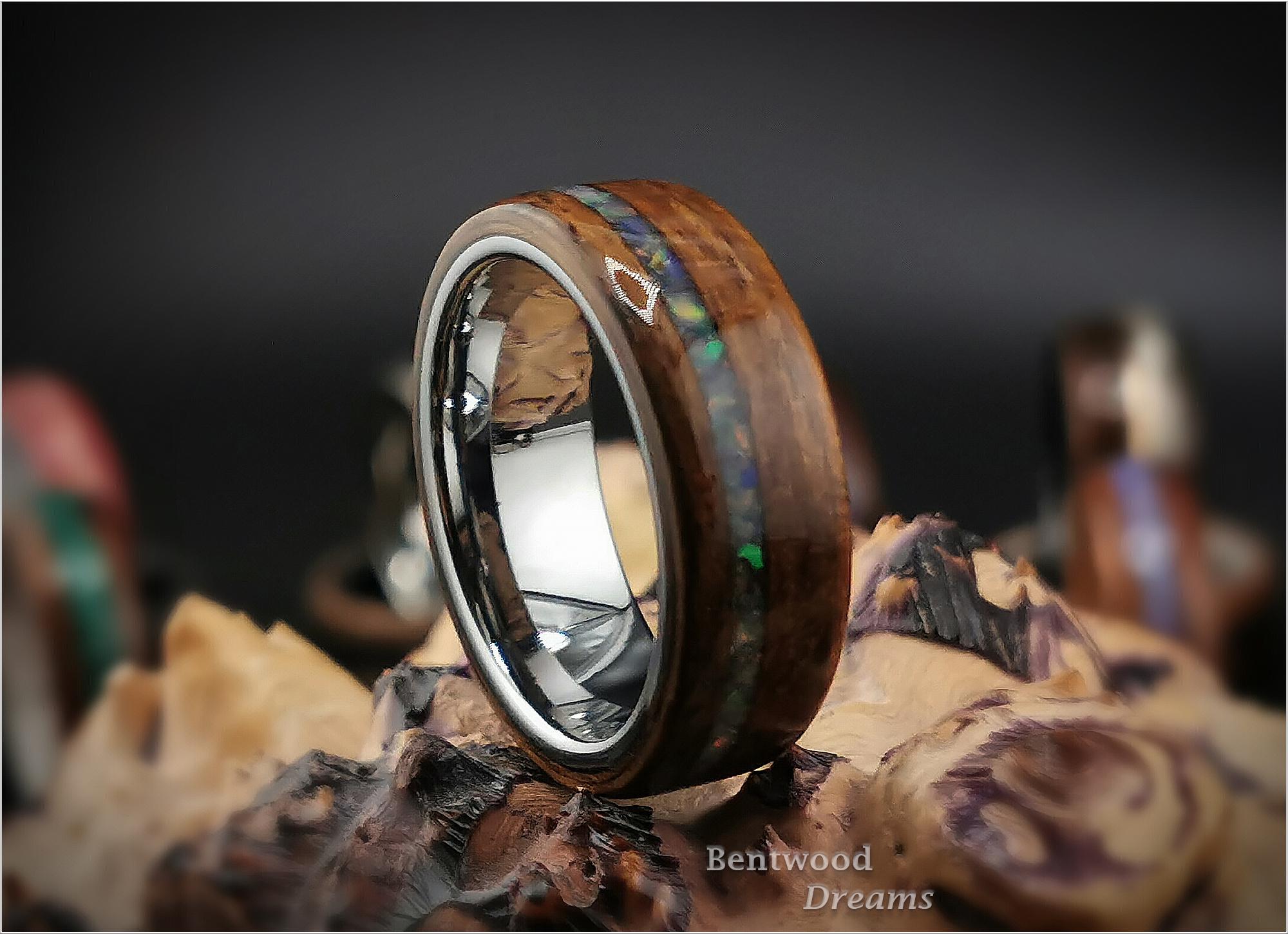 Bentwood Ring: Quartersawn Mozambique, offset inlaid Ethiopian Opal, Tungsten Carbide core, wood ring