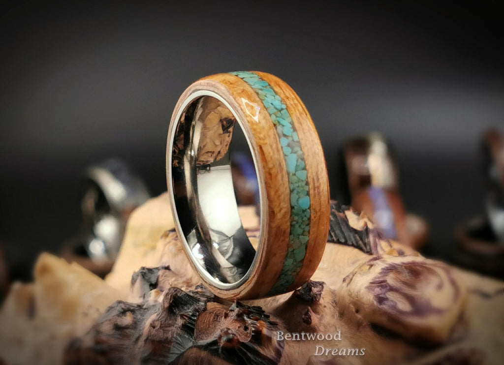 Bentwood Ring: Red Gum, inlaid Green Turquoise, Polished Titanium core, wood ring