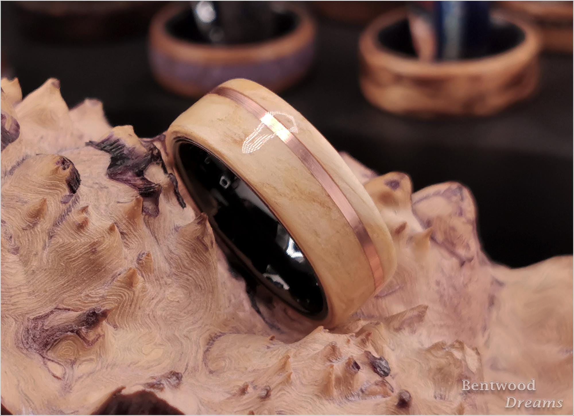 Birdseye Pine Bentwood Ring: Copper Inlay, Black Ceramic Core
