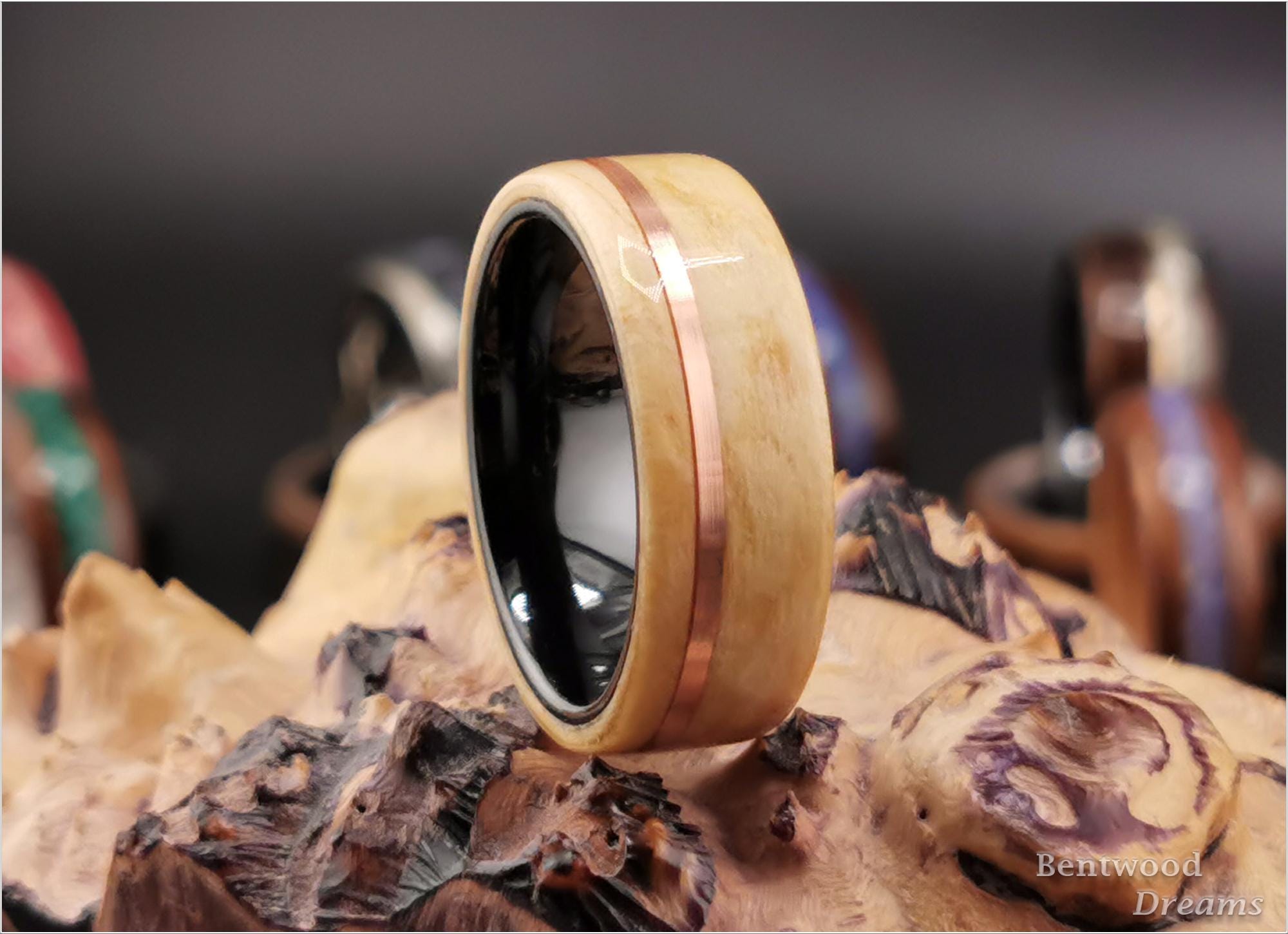 Birdseye Pine Bentwood Ring: Copper Inlay, Black Ceramic Core