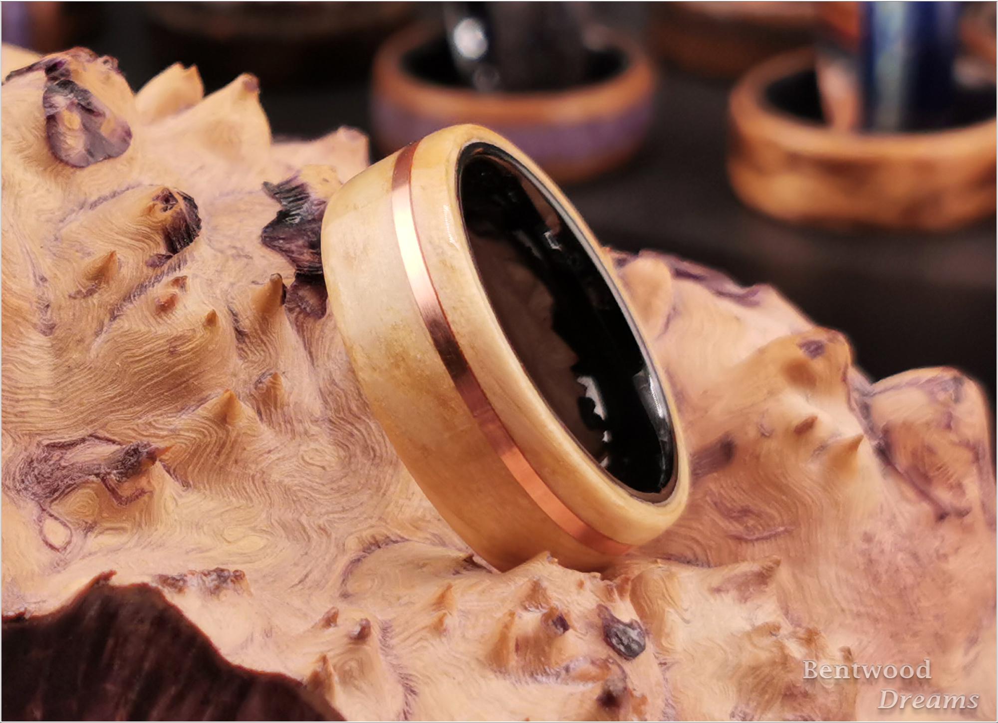 Birdseye Pine Bentwood Ring: Copper Inlay, Black Ceramic Core