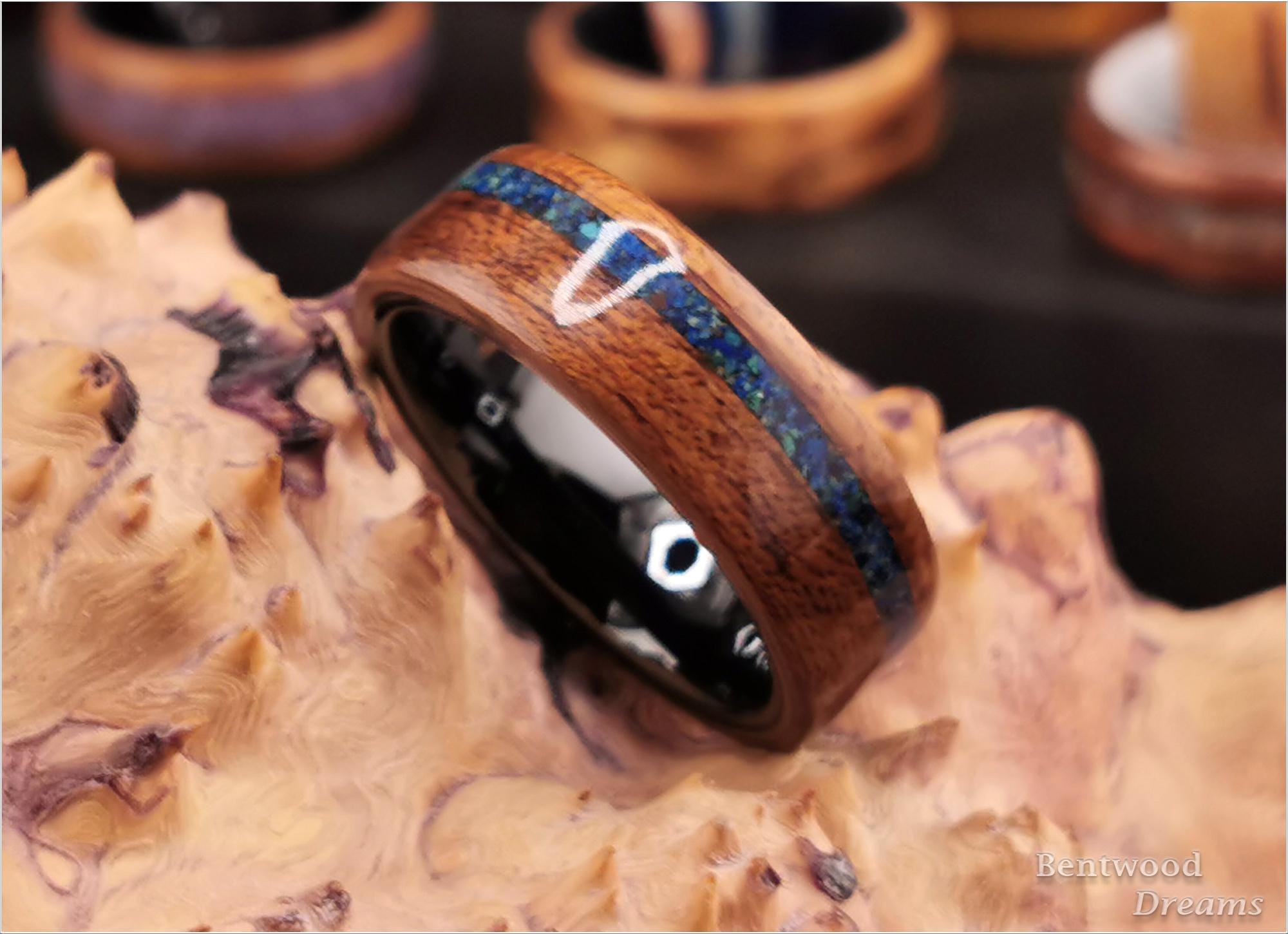 Bentwood Ring: Fumed Sapele, offset inlaid Azurite, Polished Black Ceramic core, wood ring