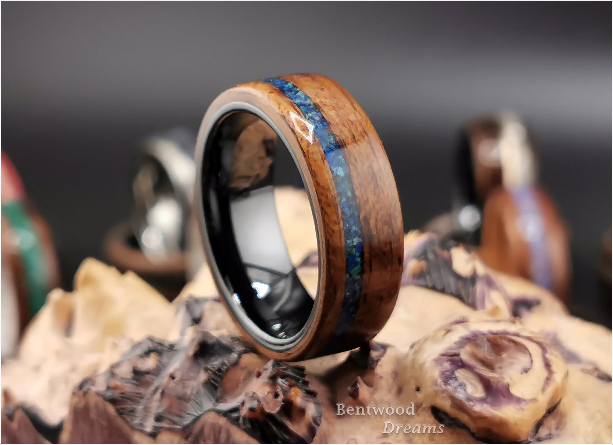 Bentwood Ring: Fumed Sapele, offset inlaid Azurite, Polished Black Ceramic core, wood ring