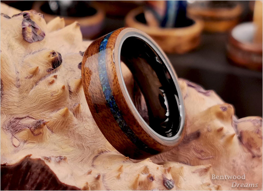 Bentwood Ring: Fumed Sapele, offset inlaid Azurite, Polished Black Ceramic core, wood ring