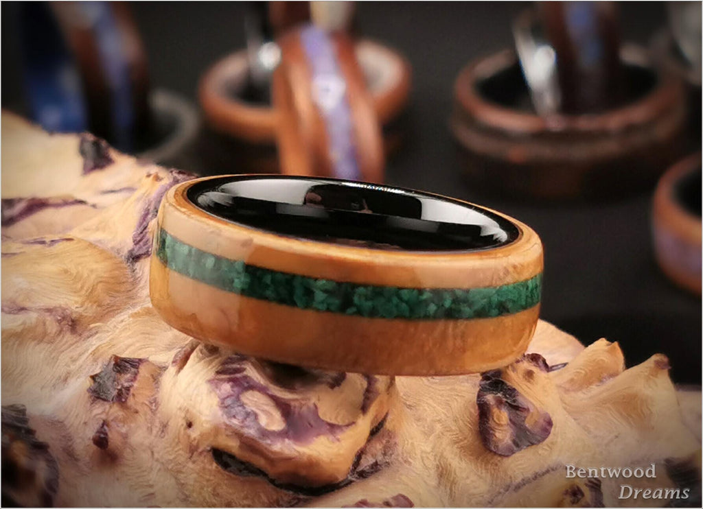 Bentwood Ring: Rare Myrtle Burl, inlaid Malachite, Polished Black Ceramic core, wood ring