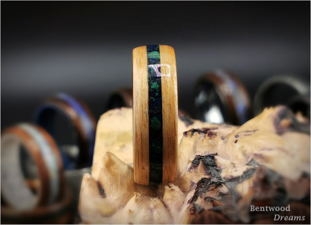 Bentwood Ring: Rustic Chestnut, inlaid Azurite-Malachite matrix, Black Ceramic core, wood ring