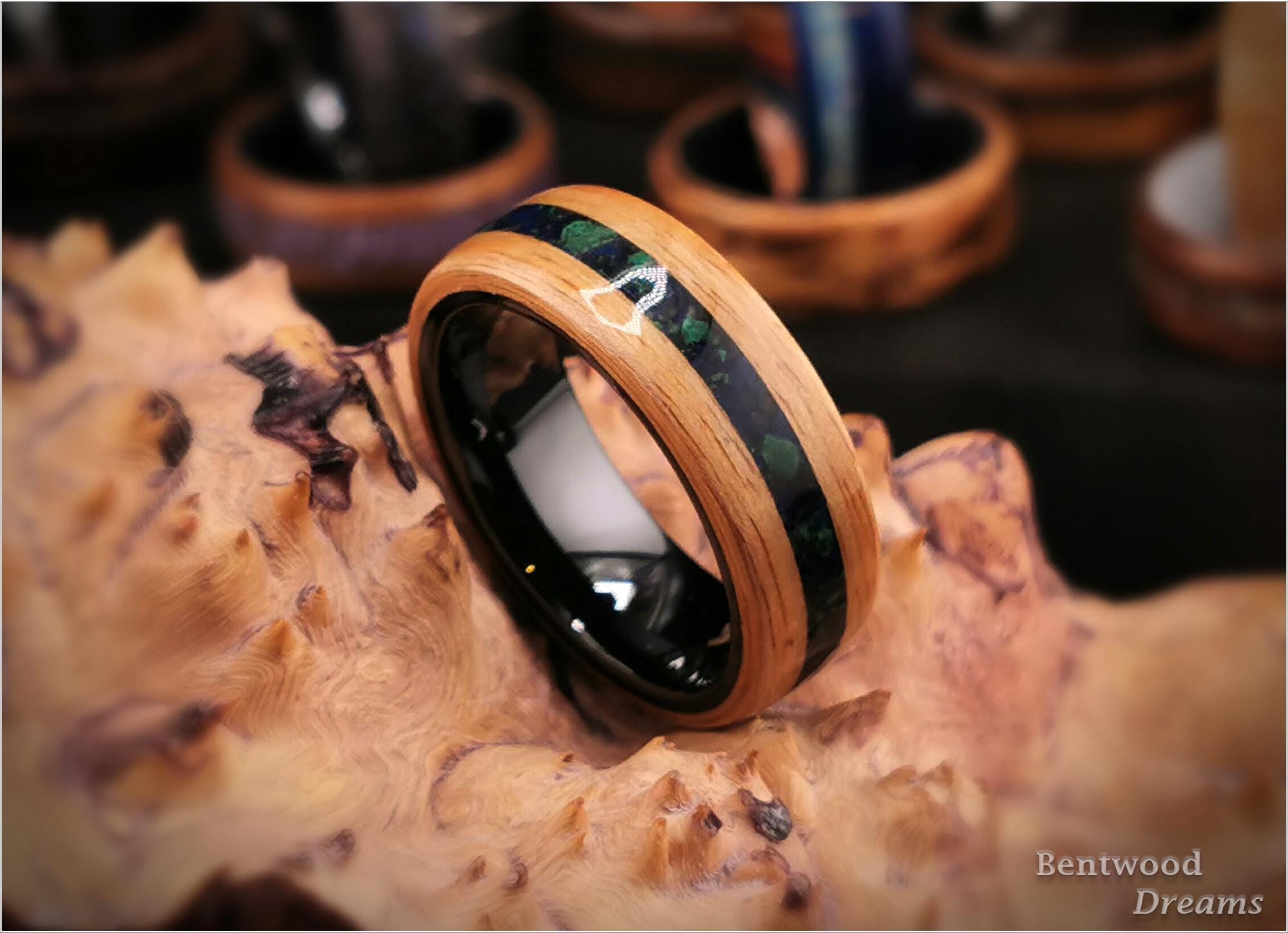 Bentwood Ring: Rustic Chestnut, inlaid Azurite-Malachite matrix, Black Ceramic core, wood ring