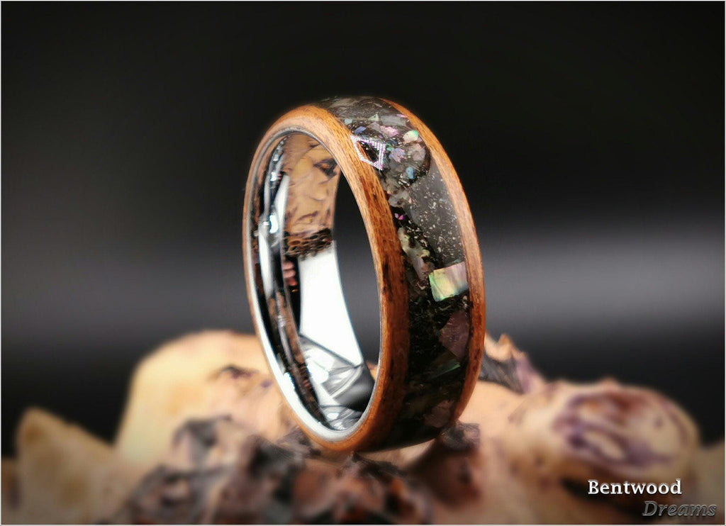 Meteorite Bentwood Ring: Okoume Wood, Abalone Inlay, Tungsten Core