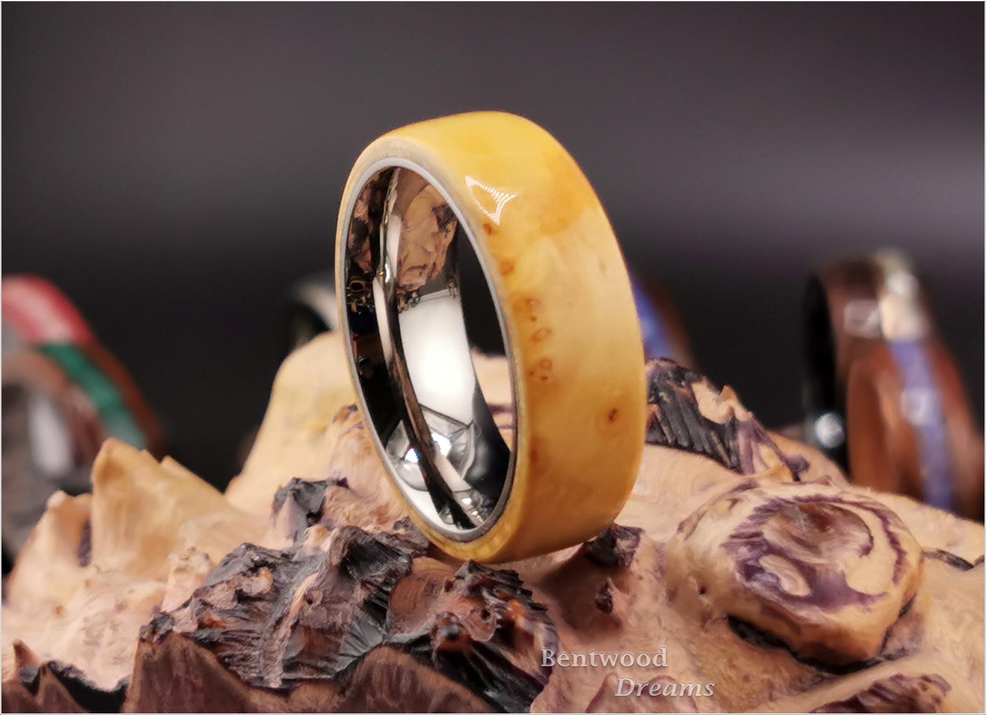 Bentwood Ring: Rare Nutmeg Burl, Polished Titanium core, wood ring