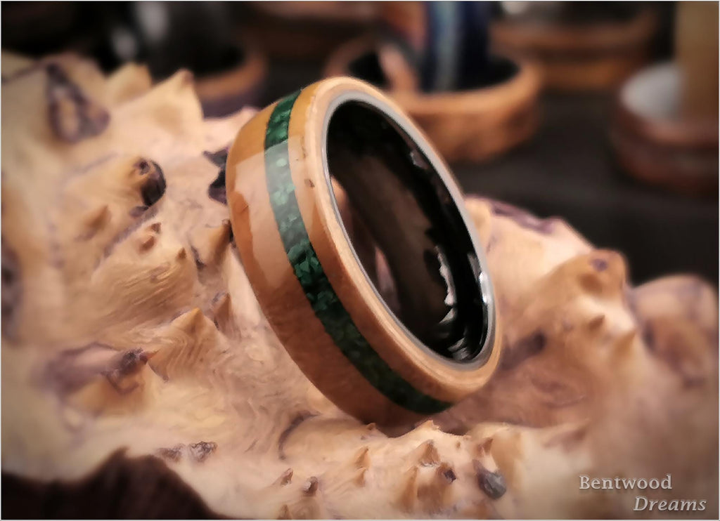 Bentwood Ring: Rare Myrtle Burl, inlaid Malachite, Polished Black Ceramic core, wood ring