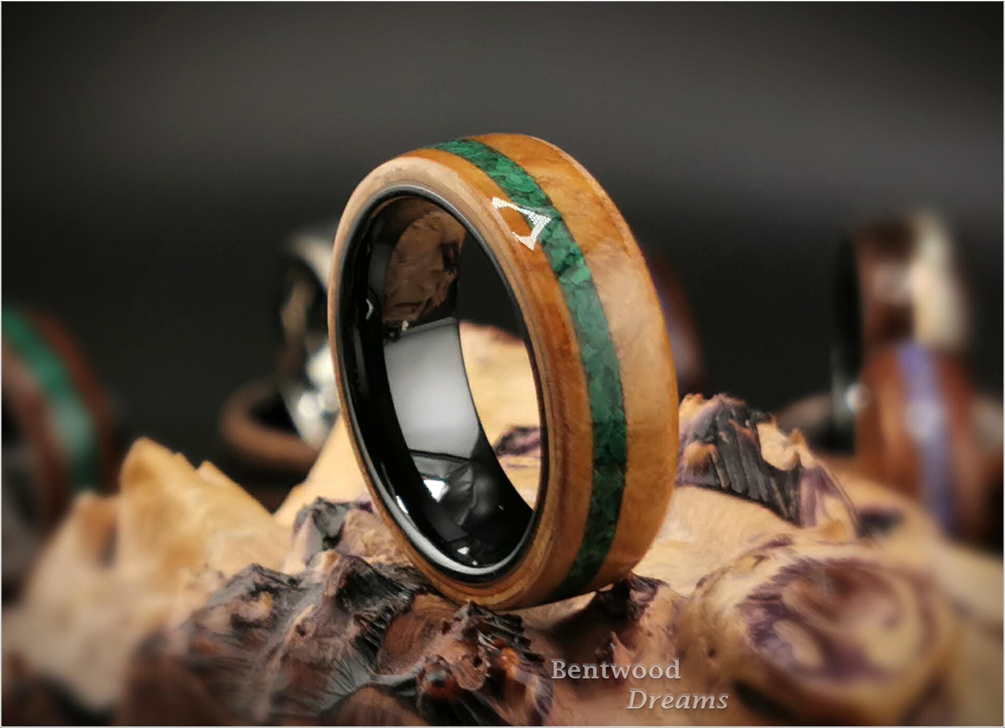 Bentwood Ring: Rare Myrtle Burl, inlaid Malachite, Polished Black Ceramic core, wood ring