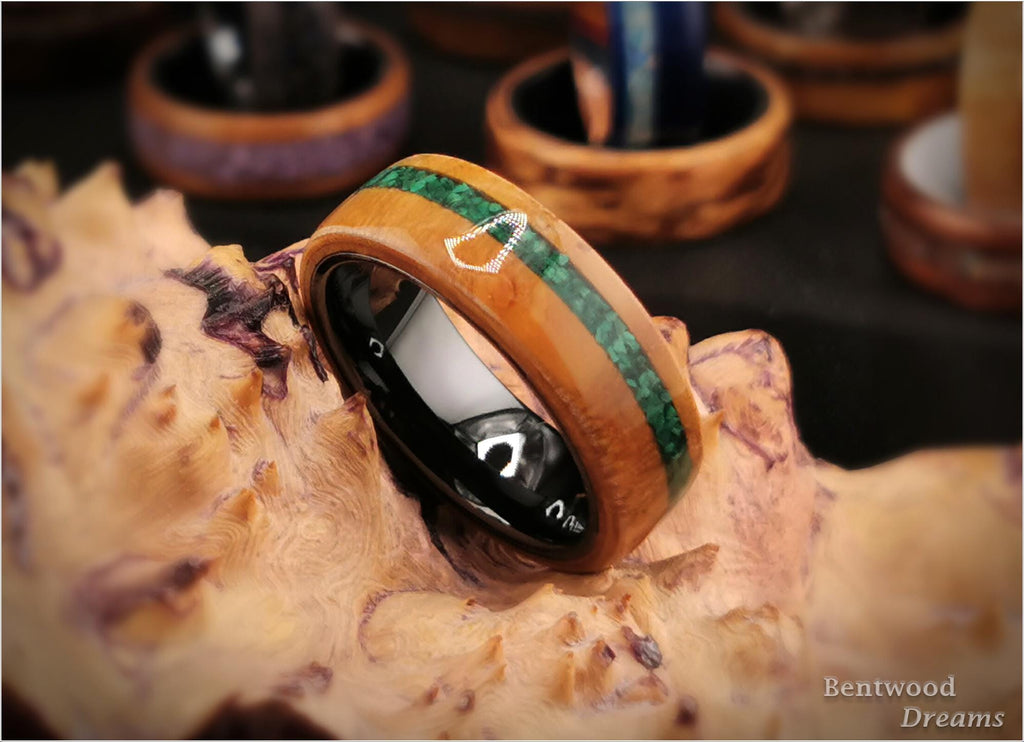 Bentwood Ring: Rare Myrtle Burl, inlaid Malachite, Polished Black Ceramic core, wood ring