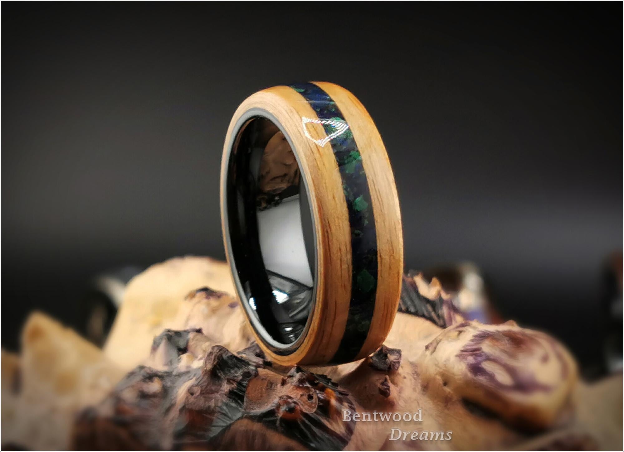 Bentwood Ring: Rustic Chestnut, inlaid Azurite-Malachite matrix, Black Ceramic core, wood ring