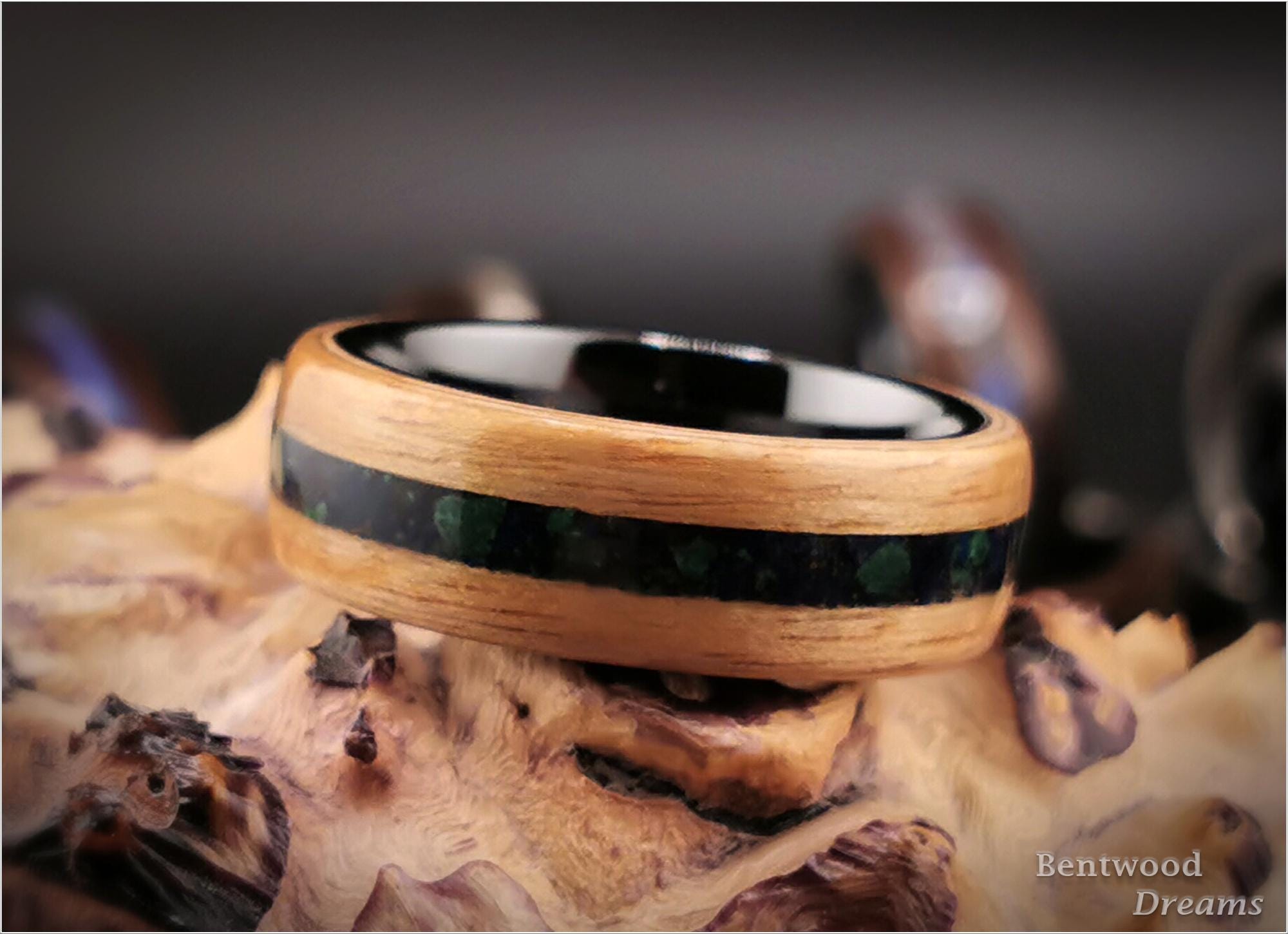 Bentwood Ring: Rustic Chestnut, inlaid Azurite-Malachite matrix, Black Ceramic core, wood ring