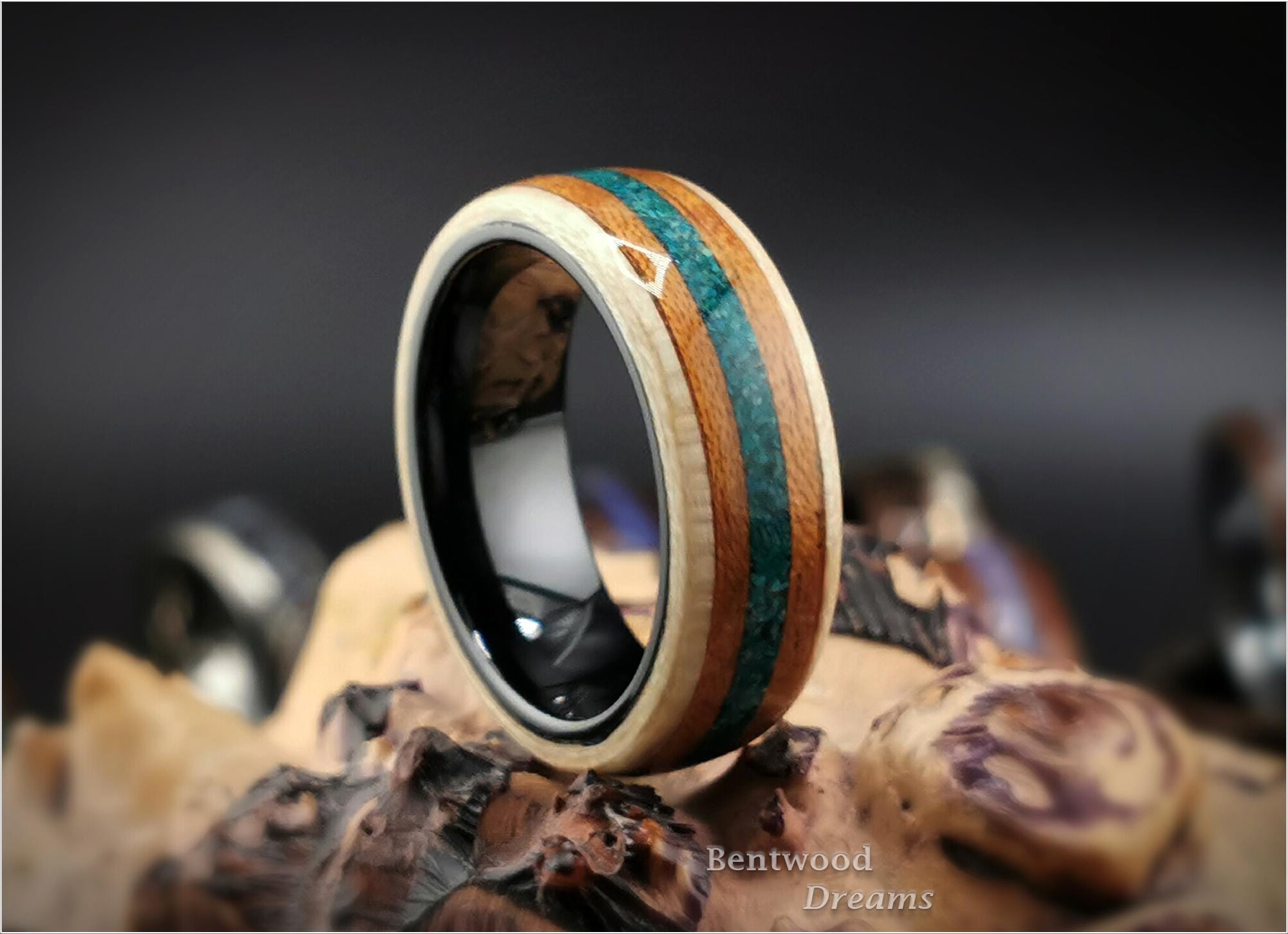 Bentwood Ring: Figured Sycamore, inlaid Spanish Cedar and Dark Chrysocolla, Black Ceramic core