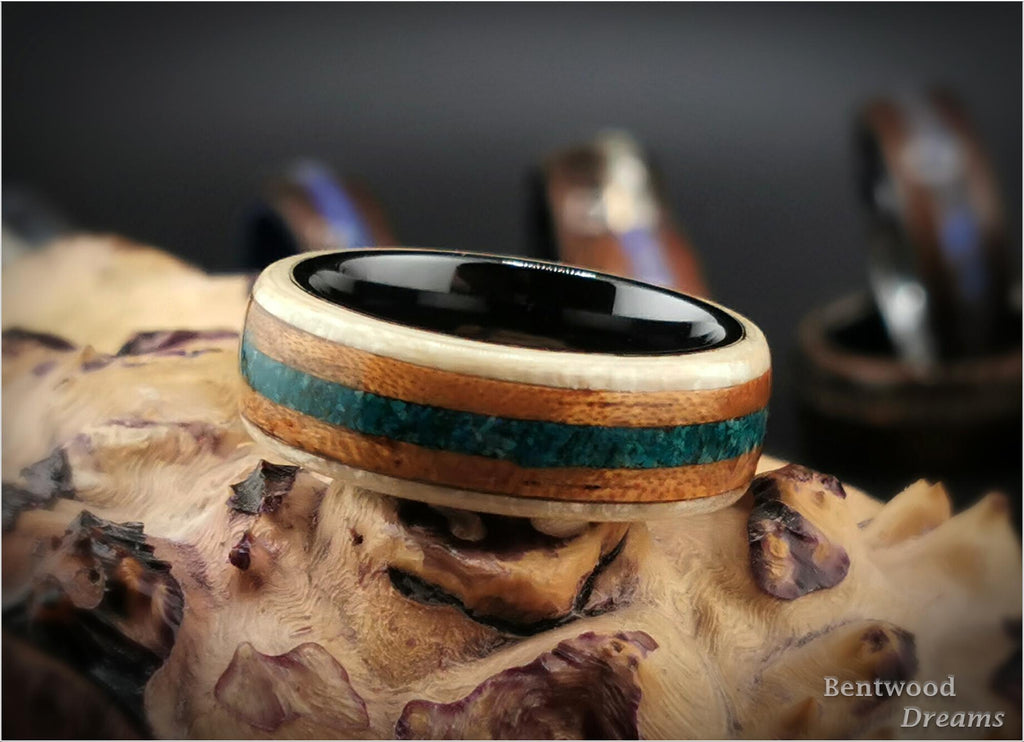 Bentwood Ring: Figured Sycamore, inlaid Spanish Cedar and Dark Chrysocolla, Black Ceramic core