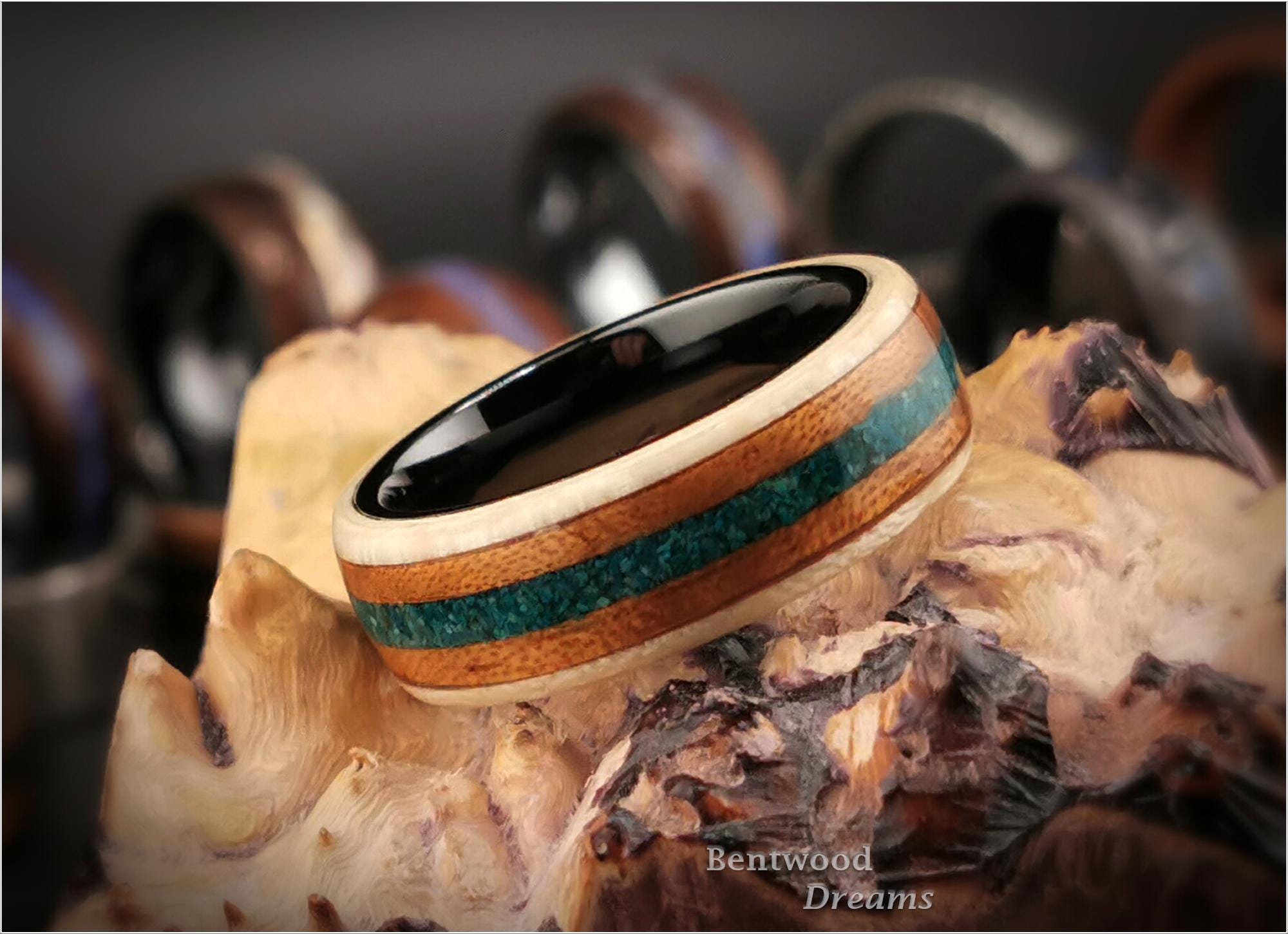 Bentwood Ring: Figured Sycamore, inlaid Spanish Cedar and Dark Chrysocolla, Black Ceramic core
