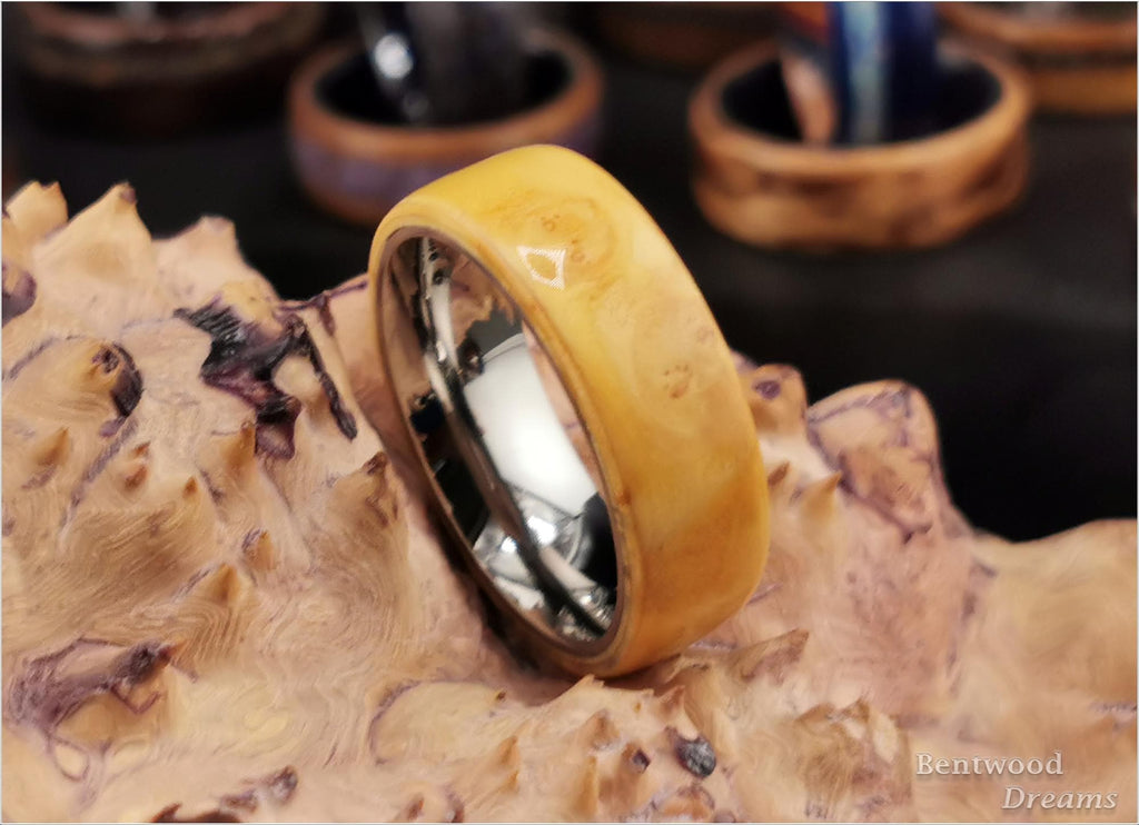 Bentwood Ring: Rare Nutmeg Burl, Polished Titanium core, wood ring