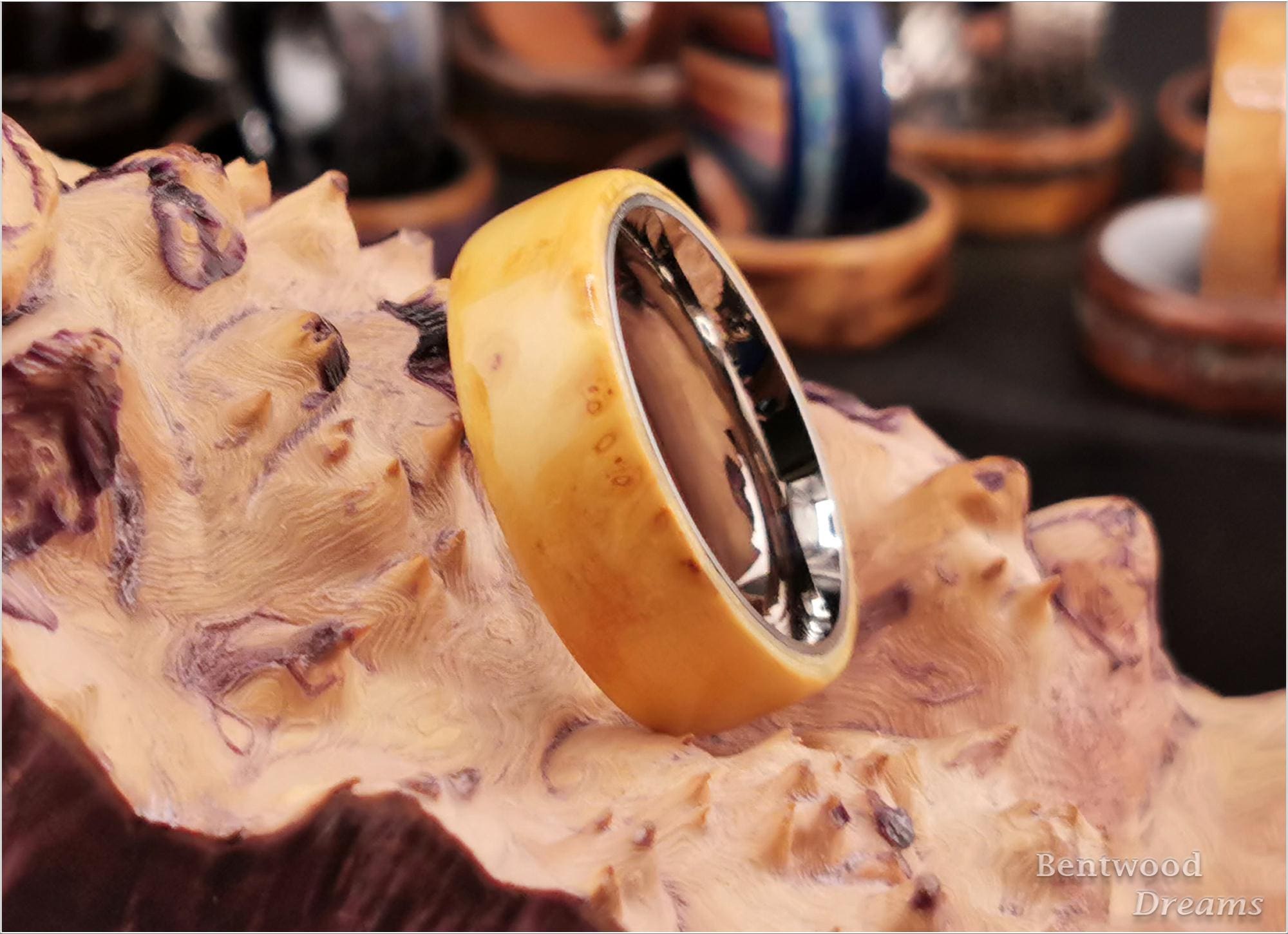 Bentwood Ring: Rare Nutmeg Burl, Polished Titanium core, wood ring