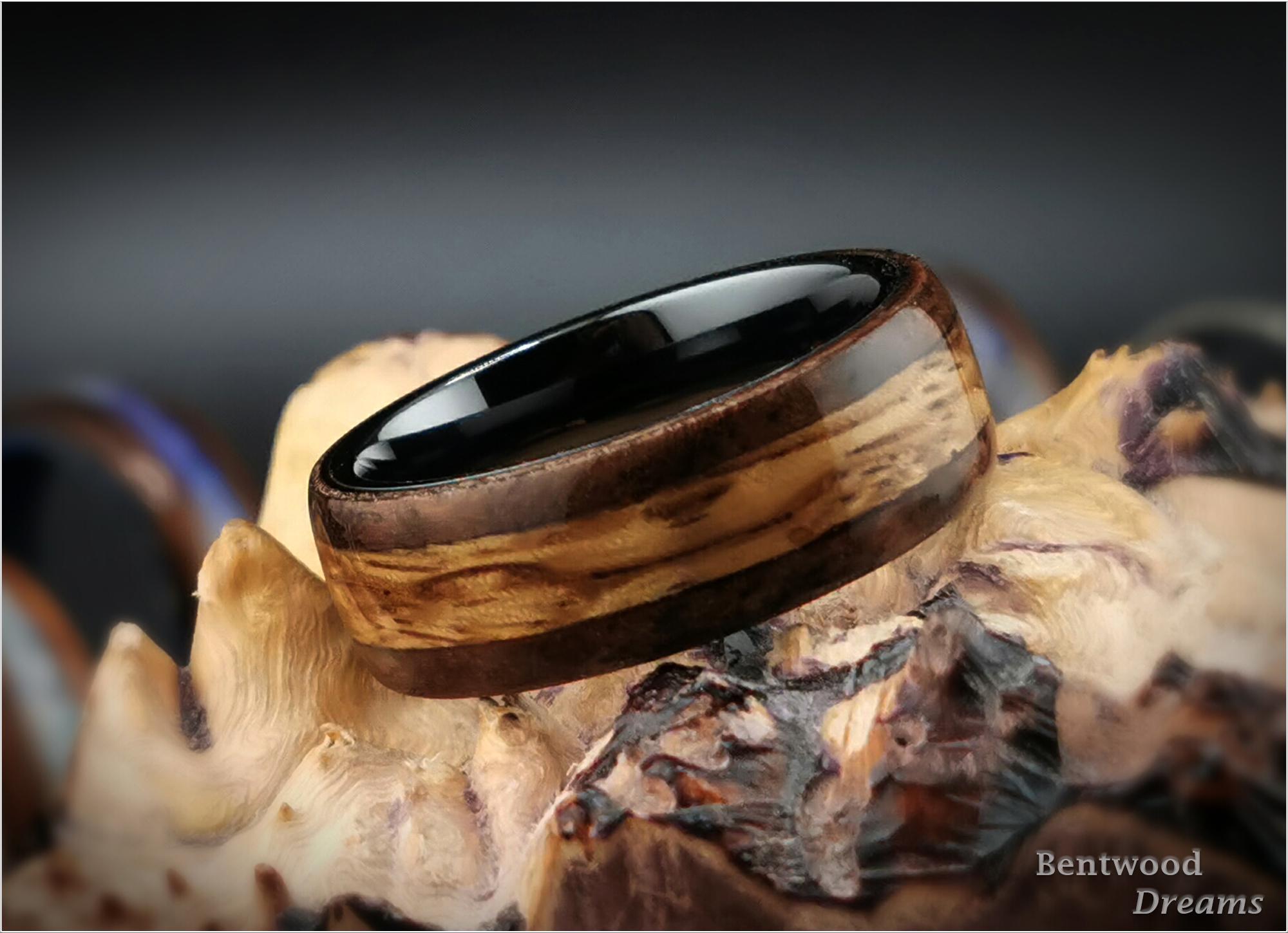 Bentwood Ring: Walnut Burl, inlaid Marbled Zebrano, Polished Black Ceramic core, wood ring
