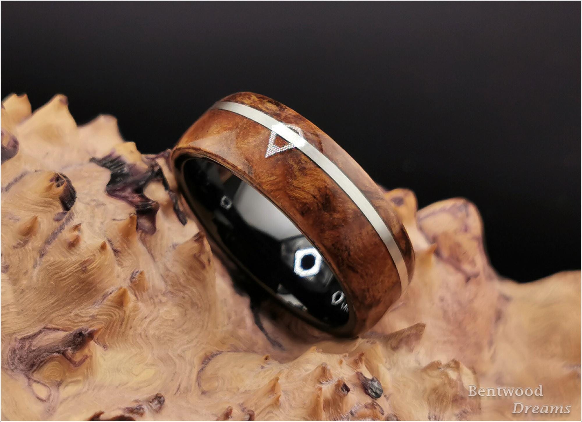 Bentwood Ring: English Chestnut Burl, offset inlaid Sterling Silver, Polished Black Ceramic core