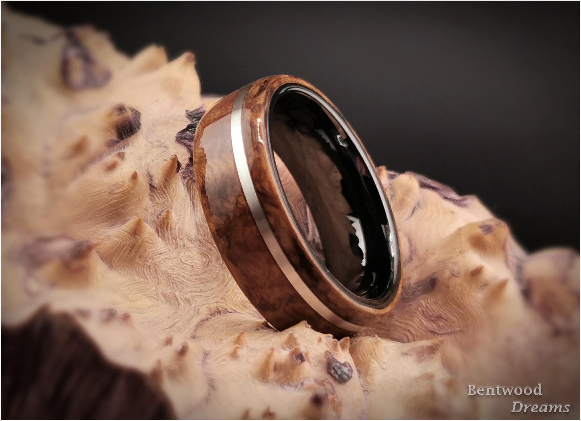 Bentwood Ring: English Chestnut Burl, offset inlaid Sterling Silver, Polished Black Ceramic core