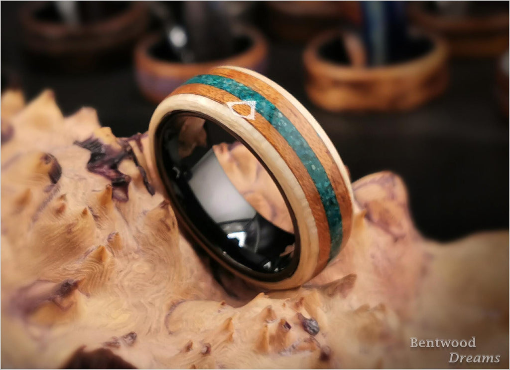 Bentwood Ring: Figured Sycamore, inlaid Spanish Cedar and Dark Chrysocolla, Black Ceramic core