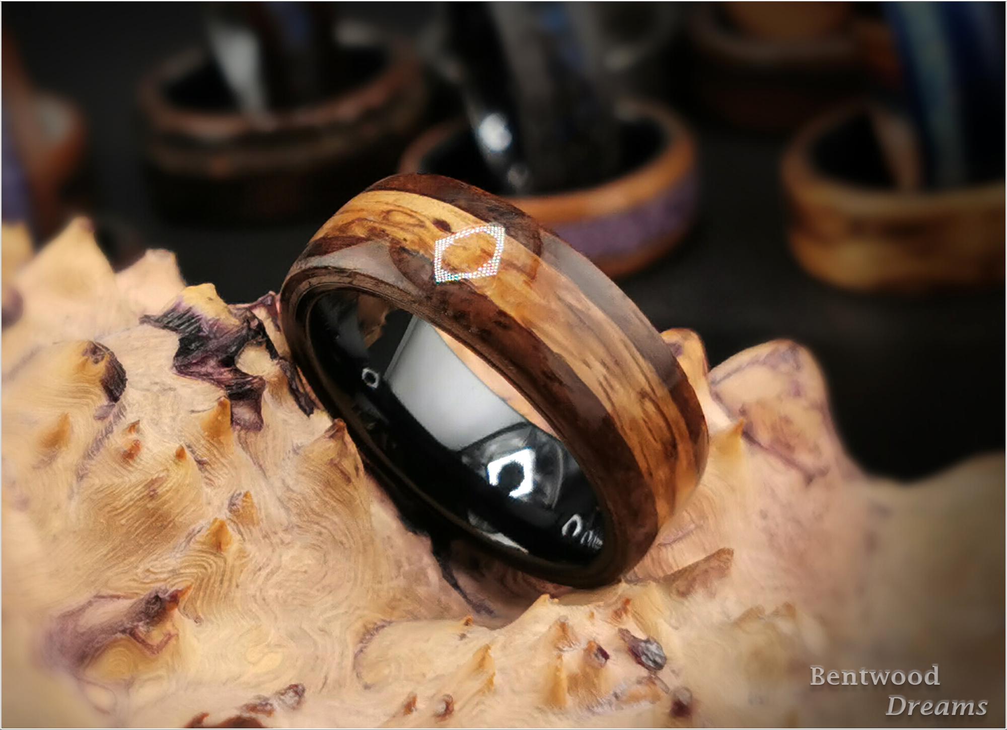 Bentwood Ring: Walnut Burl, inlaid Marbled Zebrano, Polished Black Ceramic core, wood ring